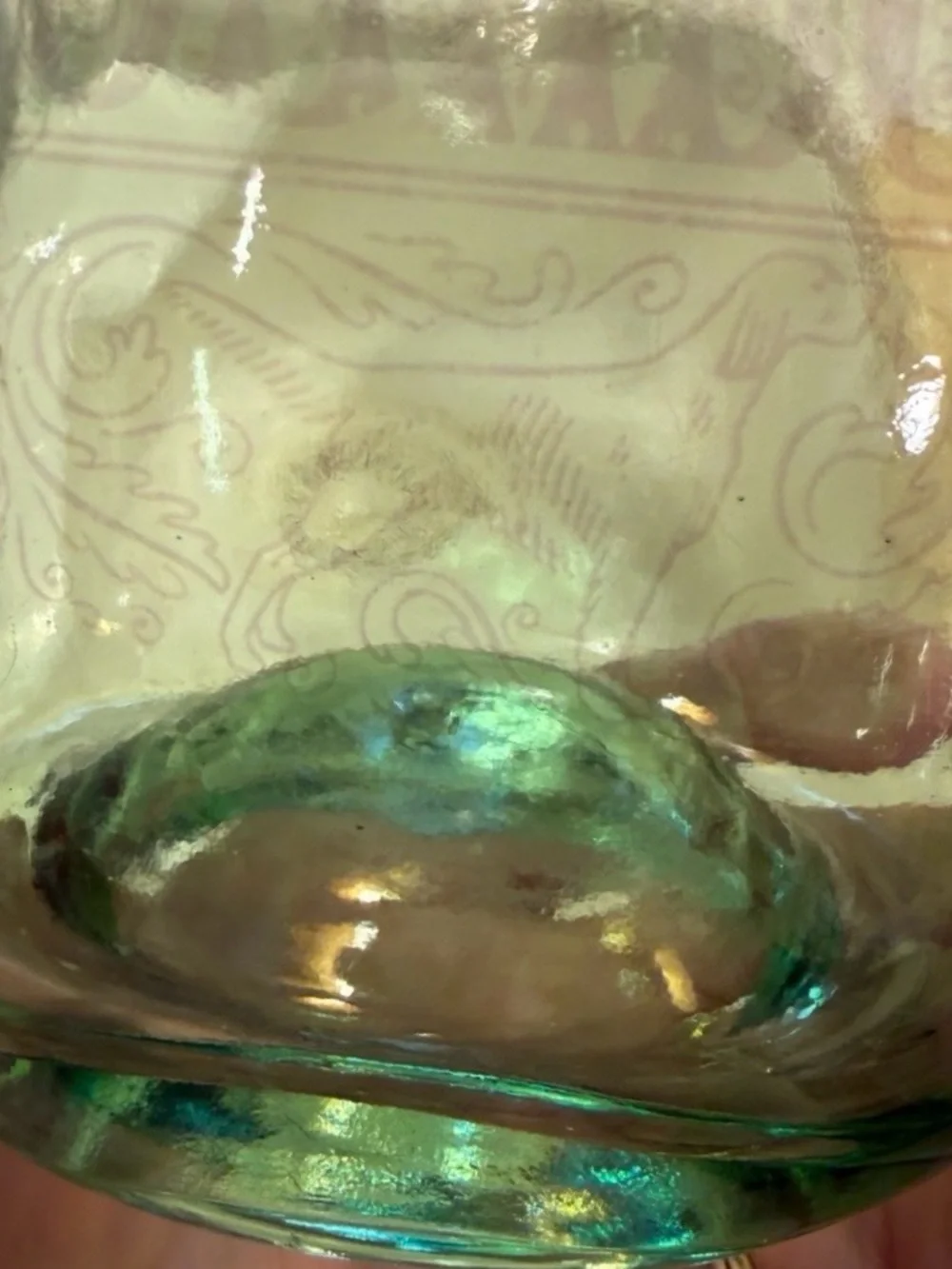 Vintage Green Bourbon Decanter, Faded Etched Duck/Hunting Dog. Original Stopper.